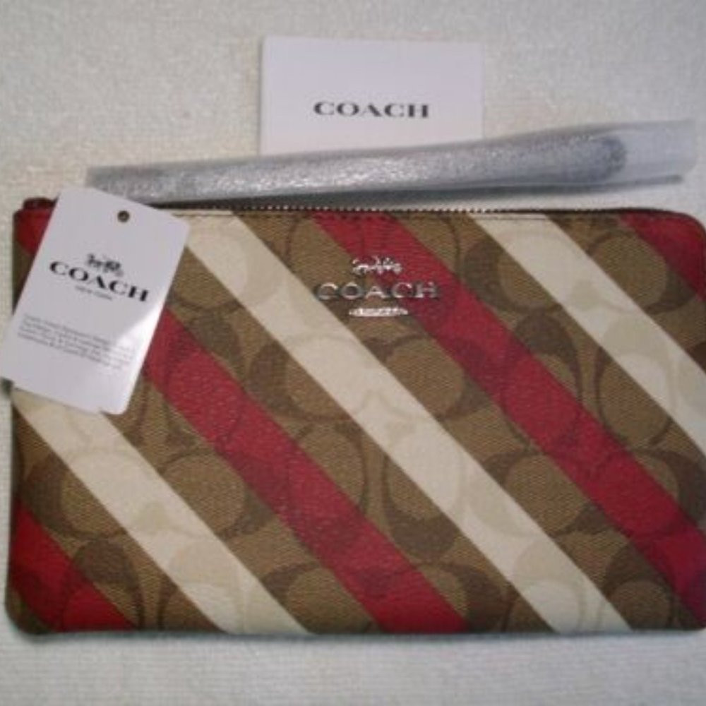 New Coach Signature Coated Canvas Diagonal Stripe Large Corner Zip Wristlet